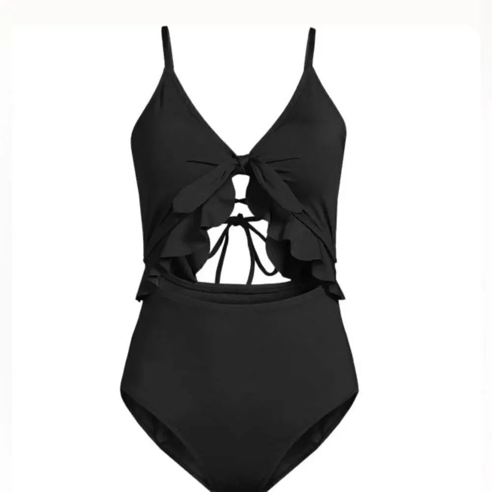 Land's End plus size one piece swimāTie front and back ruffle cut out black L
